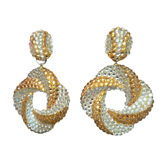 Vintage Richard Kerr 1980 Champagne Crystal Swirl Hoop Drop Earrings Signed - Picture 2 of 8